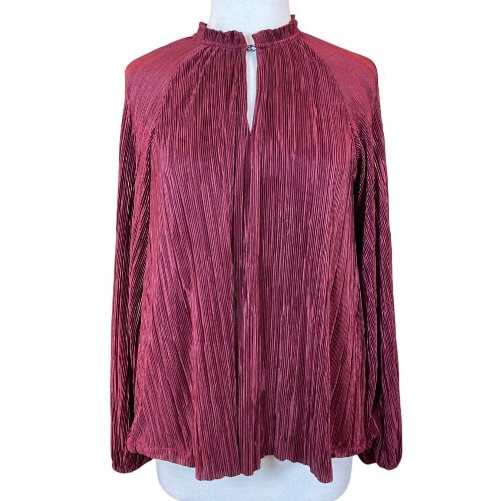 Banana Republic Plissa Pleated Altered Blouse Long Balloon Sleeve Burgundy Sz S